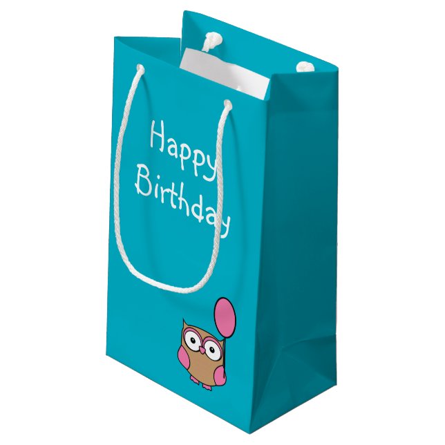 Happy Birthday Owl Pink and Tan Small Gift Bag (Back Angled)