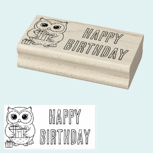 Happy Birthday Owl with Gifts Wooden Art Stamp