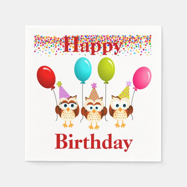Happy Birthday Owls and Balloons Napkins (Front)