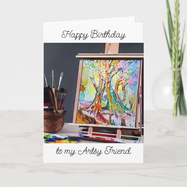 Happy Birthday | Painting on Easel of Trees Card (Front)