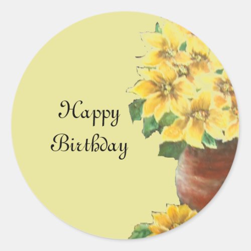 Happy birthday Painting yellow flowers in clay pot Classic Round Sticker