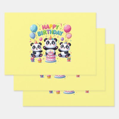 Happy Birthday Pandas Wrapping Paper Sheets