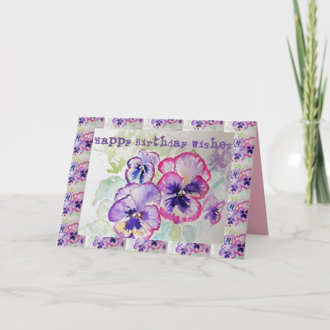 Happy Birthday Pansies Watercolor Greetings Card (Front)