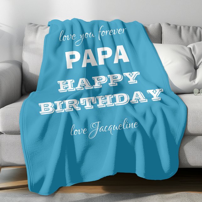 Happy Birthday Papa Chic Script Name Blue Classic  Fleece Blanket ('love you forever PAPA - Happy Birthday' with personalized name(s).)