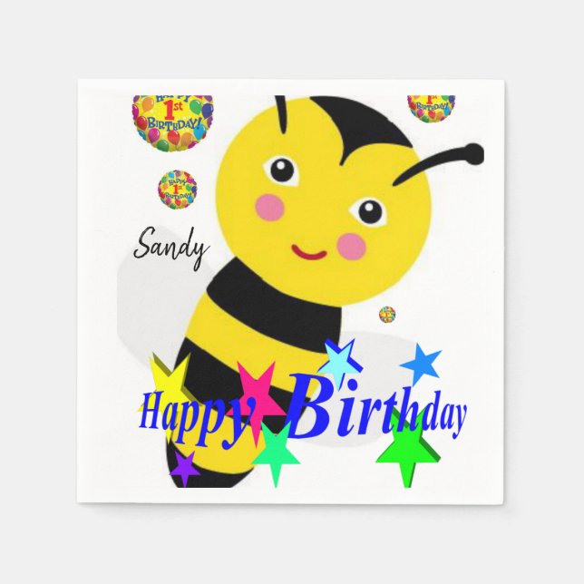 Happy Birthday Paper Napkins, Bumblebee Napkins (Front)
