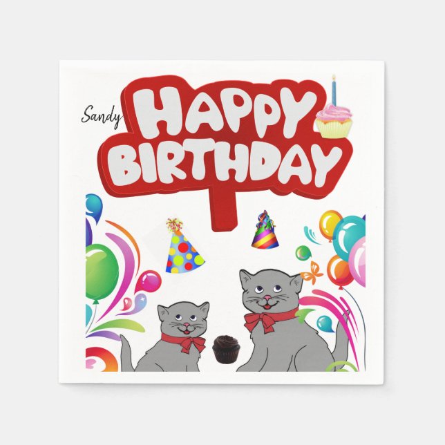 Happy Birthday Paper Napkins, Cats Napkins (Front)