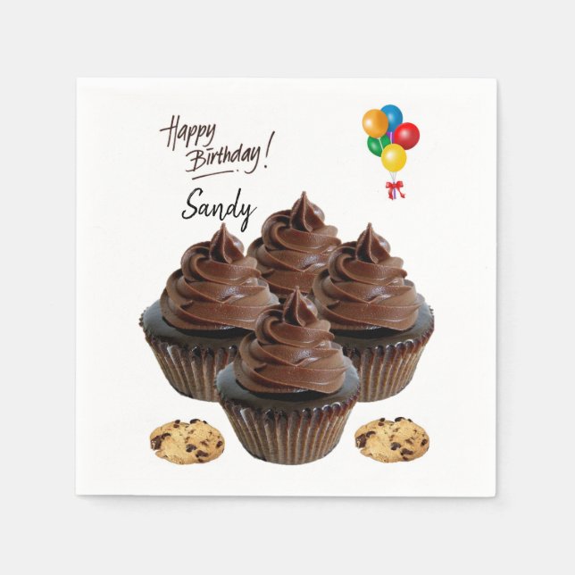 Happy Birthday Paper Napkins, Chocolate Cupcake Napkins (Front)