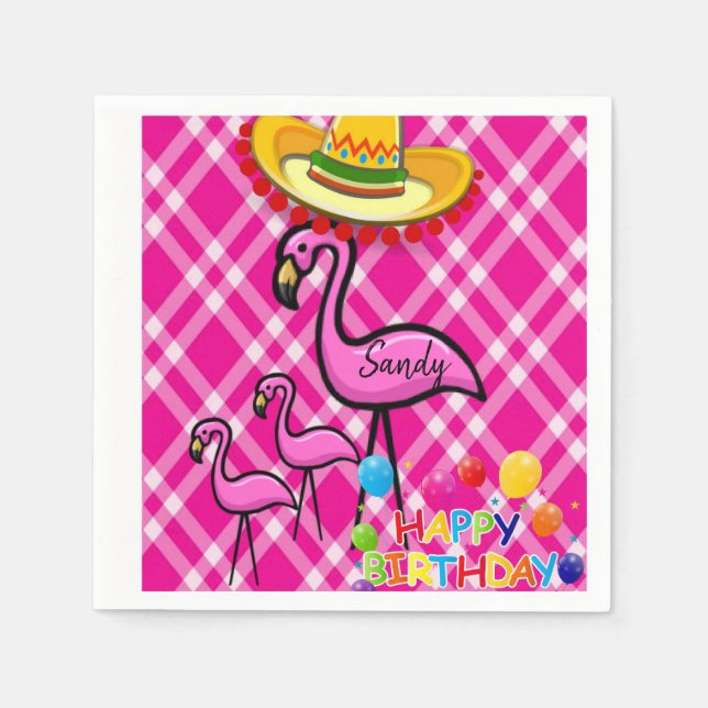 Happy Birthday Paper Napkins, Flamingo Napkins (Front)