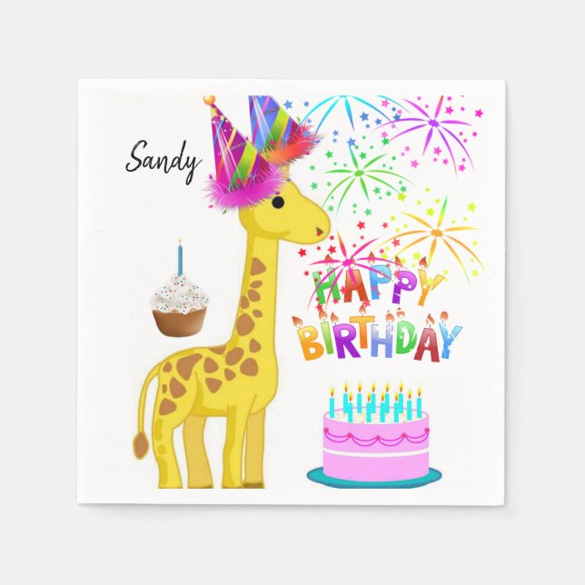 Happy Birthday Paper Napkins, Giraffe Napkins (Front)