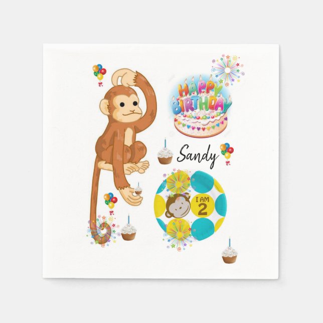 Happy Birthday Paper Napkins, Monkey Two Year Old Napkins (Front)