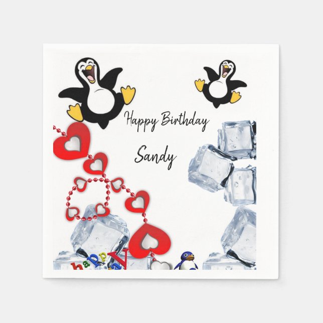 Happy Birthday Paper Napkins, Penguin Napkins (Front)