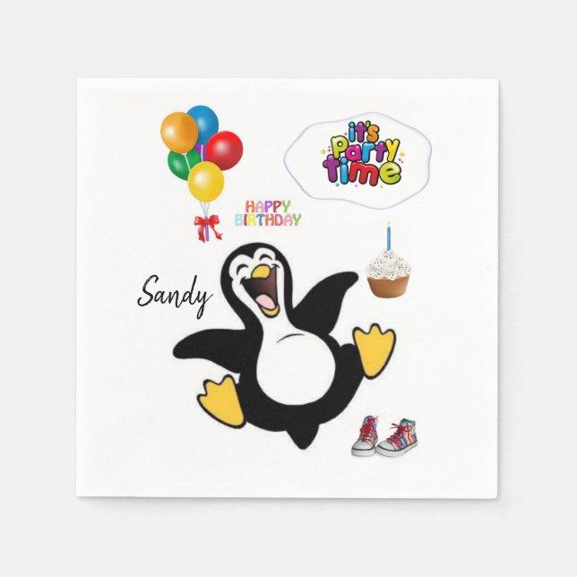 Happy Birthday Paper Napkins, Penguin Napkins (Front)