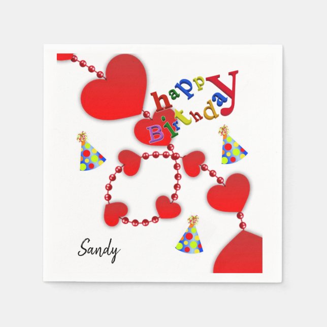 Happy Birthday Paper Napkins, Red Hearts Napkins (Front)