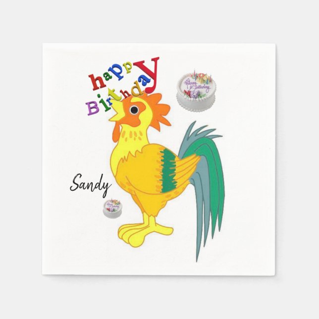Happy Birthday Paper Napkins, Rooster Napkins (Front)