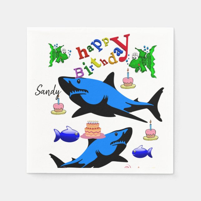 Happy Birthday Paper Napkins, Shark Napkins (Front)