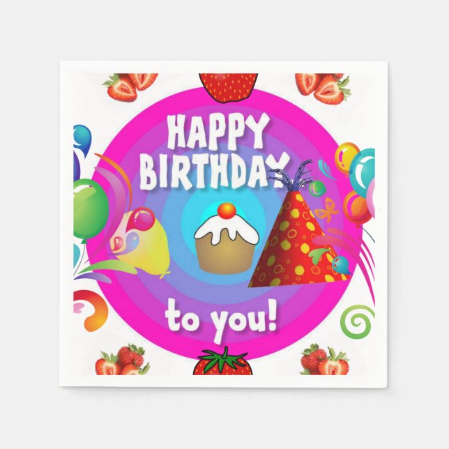 Happy Birthday Paper Napkins, Strawberry Napkins (Front)
