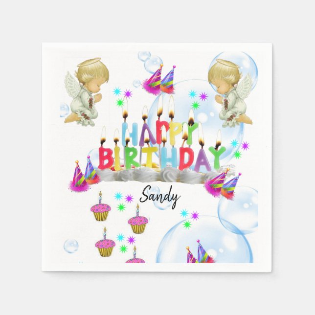 Happy Birthday Paper Napkins, Twin Angels Napkins (Front)