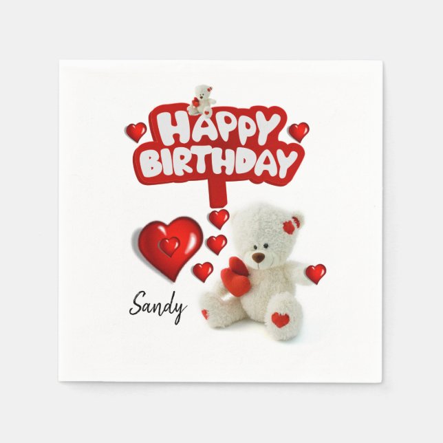 Happy Birthday Paper Napkins, White Teddy Bear Napkins (Front)