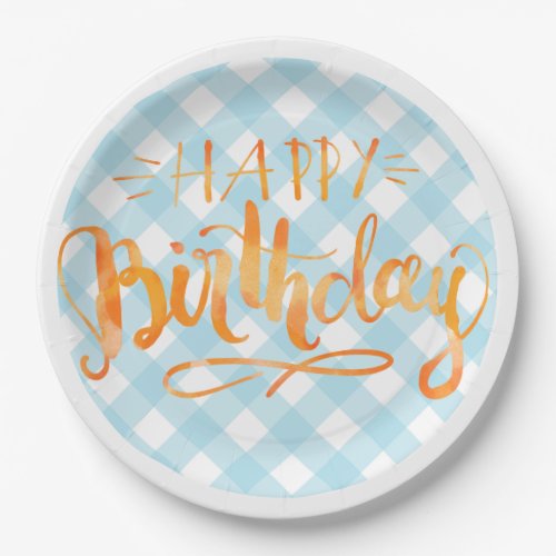 Happy Birthday Paper Plate Blue White Gingham