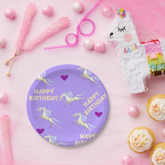 Happy Birthday Paper Plates Purple Unicorn (Party)