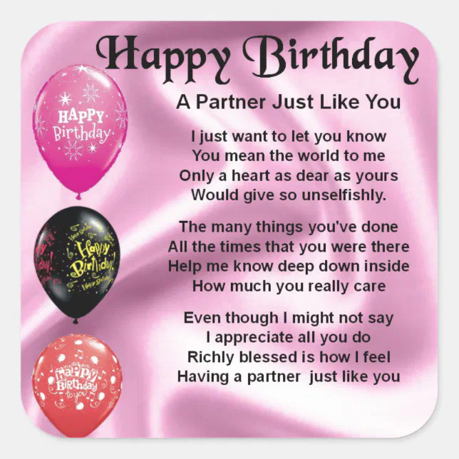 Happy Birthday Partner Poem Square Sticker | Zazzle