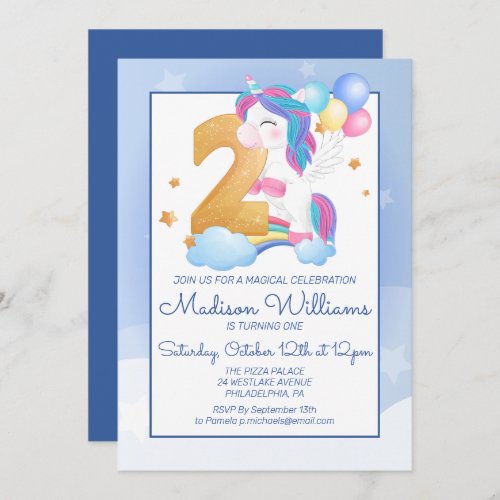 Happy Birthday Party  2nd Birthday Pastel Unicorn Invitation