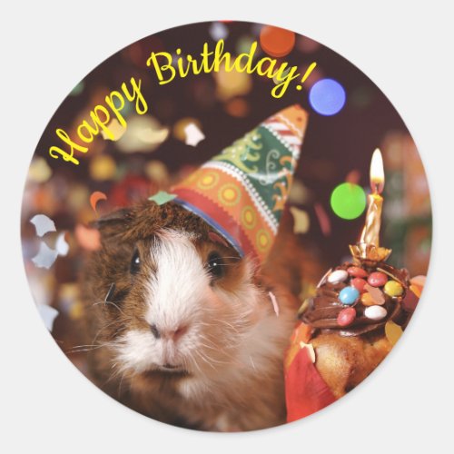 Happy Birthday _ Party Animal Guinea Pig Paper Pla Classic Round Sticker