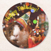 Happy Birthday - Party Animal Guinea Pig Round Paper Coaster
