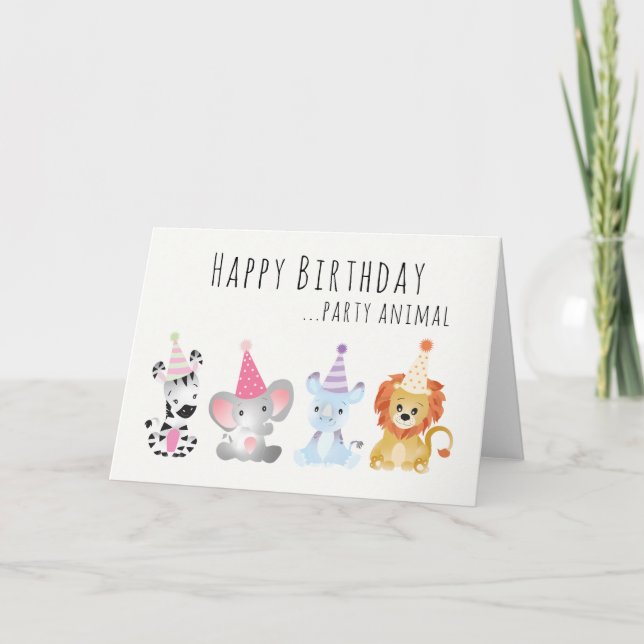 Happy Birthday Party Animal Jungle Animals Hats Card (Front)