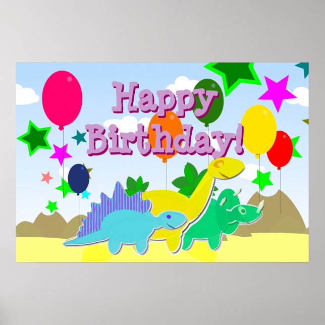Happy Birthday Party Balloons Dinosaurs Poster (Front)
