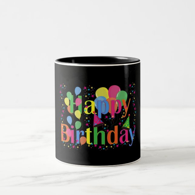 Happy Birthday Party Balloons Two-Tone Coffee Mug (Center)