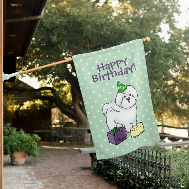 Happy Birthday (Party) Bichon Frise Dog - Cute House Flag (In SItu)