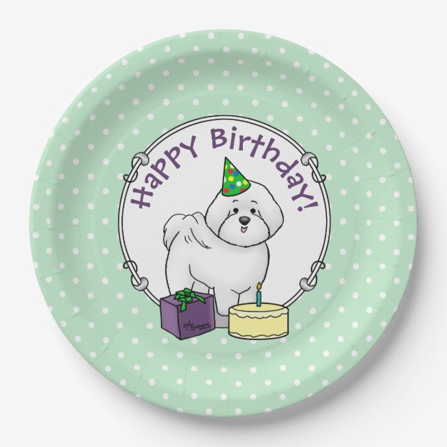 Happy Birthday (Party) Bichon Frise Dog - Cute Paper Plates (Front)