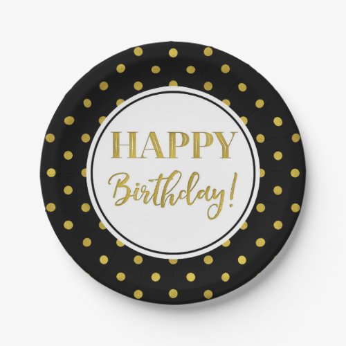 Happy Birthday Party Black White Gold Dots Paper Plates