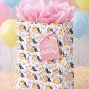 Happy Birthday Party Cat Pattern with Balloons Medium Gift Bag