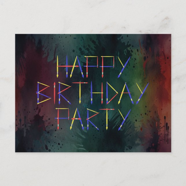 Happy Birthday Party Colorful Brush Invitation  Postcard (Front)