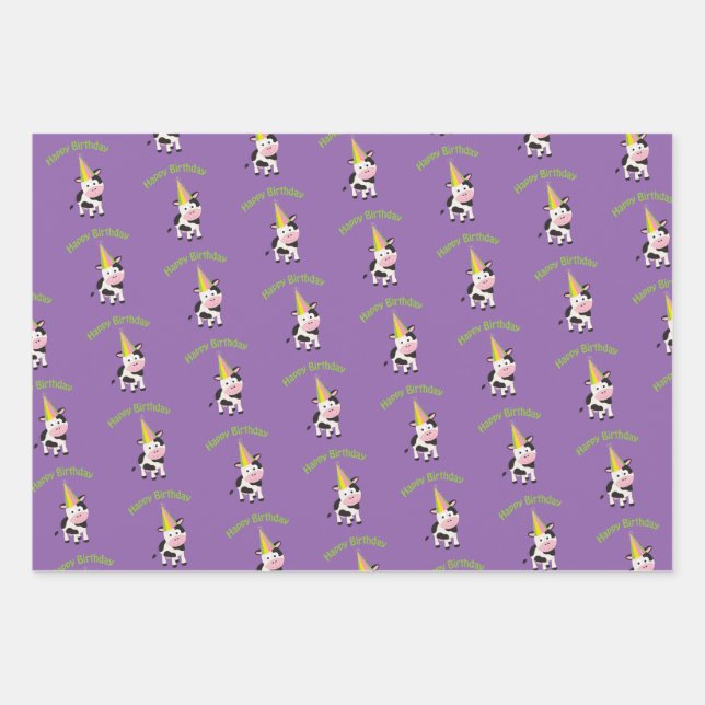 Happy Birthday Party Cow Wrapping Paper Sheets (Front)