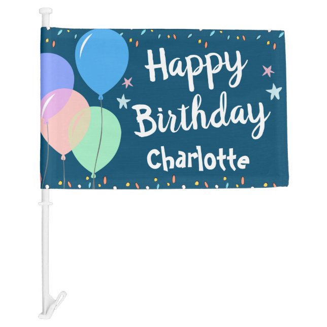 Happy Birthday Party Custom Childs Name Blue Car Flag (Front)