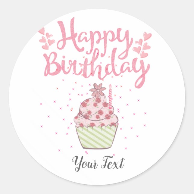 Happy Birthday Party Custom Pink Cupcake Classic Round Sticker (Front)
