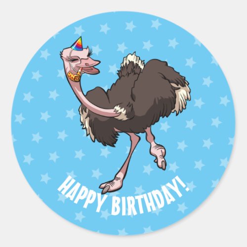 Happy Birthday Party Dancing Cartoon Ostrich Classic Round Sticker