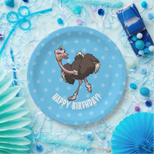 Happy Birthday Party Dancing Cartoon Ostrich Paper Plates