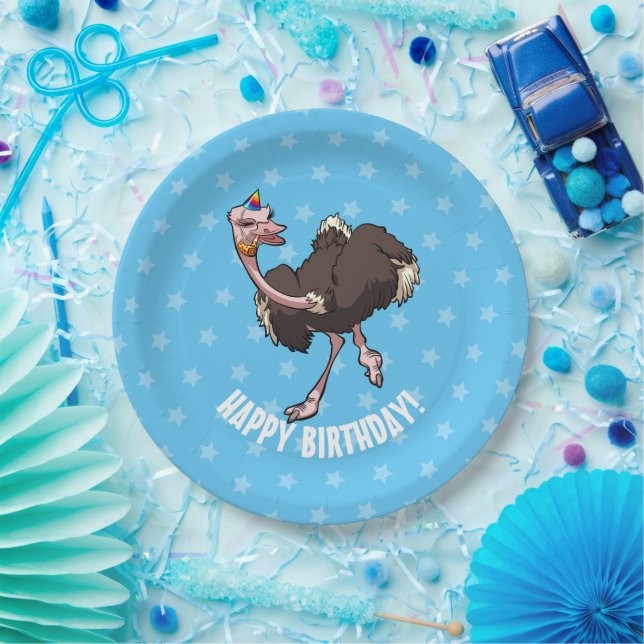 Happy Birthday Party Dancing Cartoon Ostrich Paper Plates (Party)