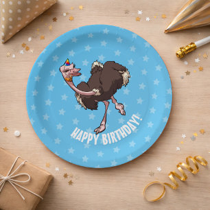 Happy Birthday Party Dancing Cartoon Ostrich Paper Plates