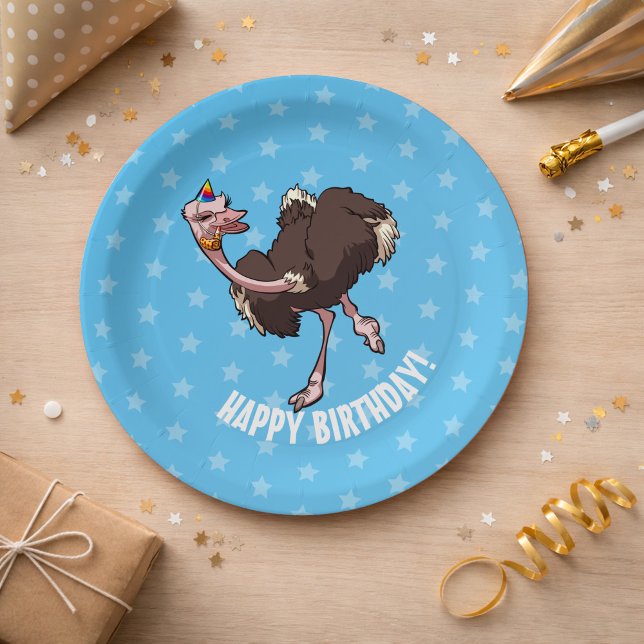 Happy Birthday Party Dancing Cartoon Ostrich Paper Plates (Creator Uploaded)