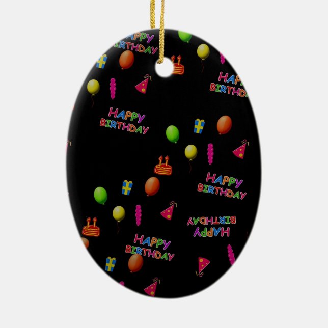 Happy Birthday Party Decor Balloons Hat Cake Text Ceramic Ornament (Back)