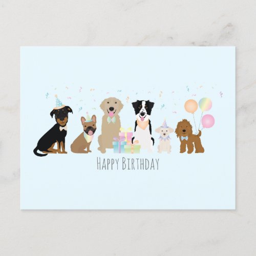 Happy Birthday Party Dogs Blue Postcard