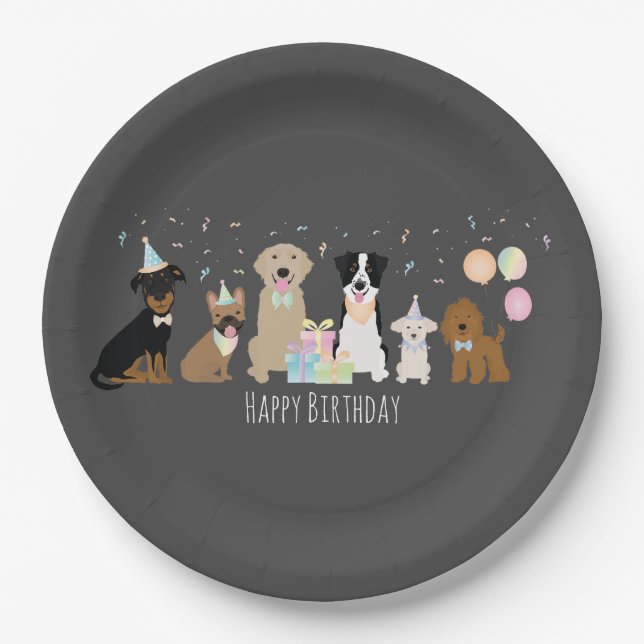 Happy Birthday Party Dogs Paper Plates (Front)
