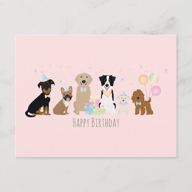 Happy Birthday Party Dogs Pink Postcard (Front)