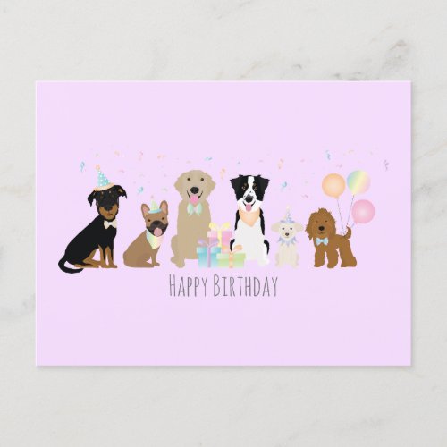 Happy Birthday Party Dogs Purple Postcard
