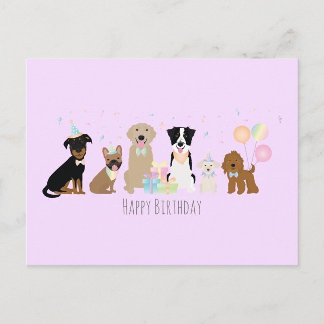Happy Birthday Party Dogs Purple Postcard (Front)